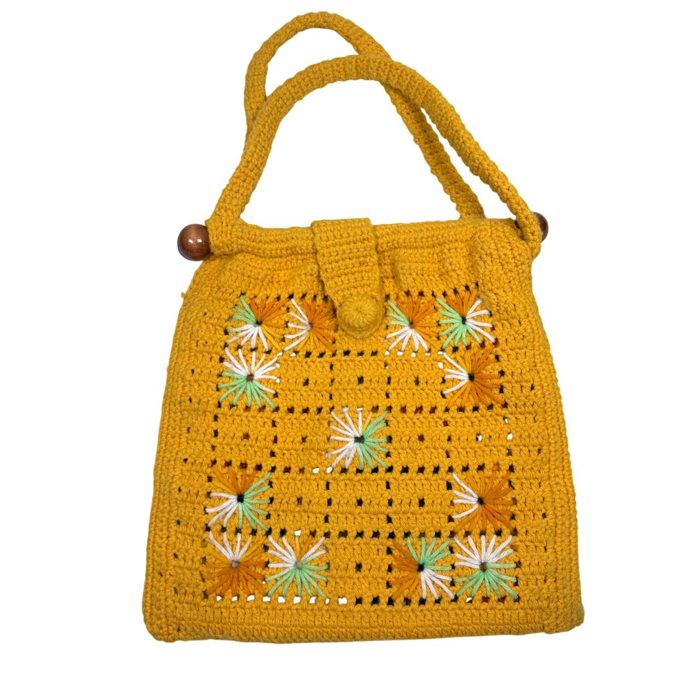 Vintage Crochet Shoulder Bag Mustard Yellow Floral Handbag Purse Wood 70s Style
